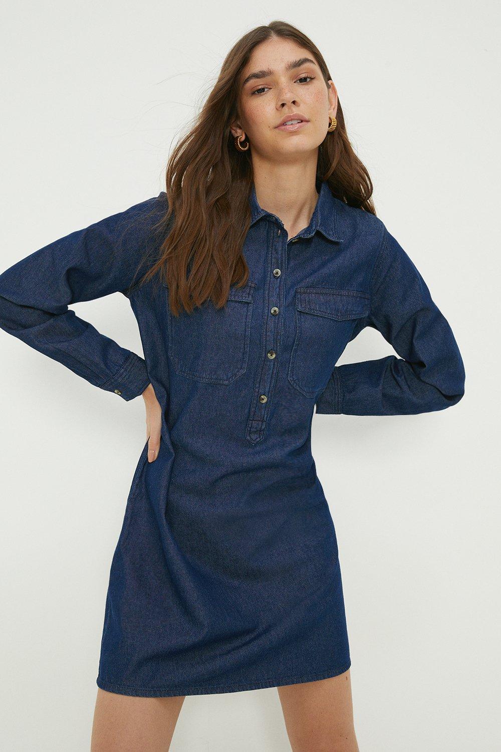 Women’s Denim 2 Pocket Mini Shirt Dress - washed indigo - 14