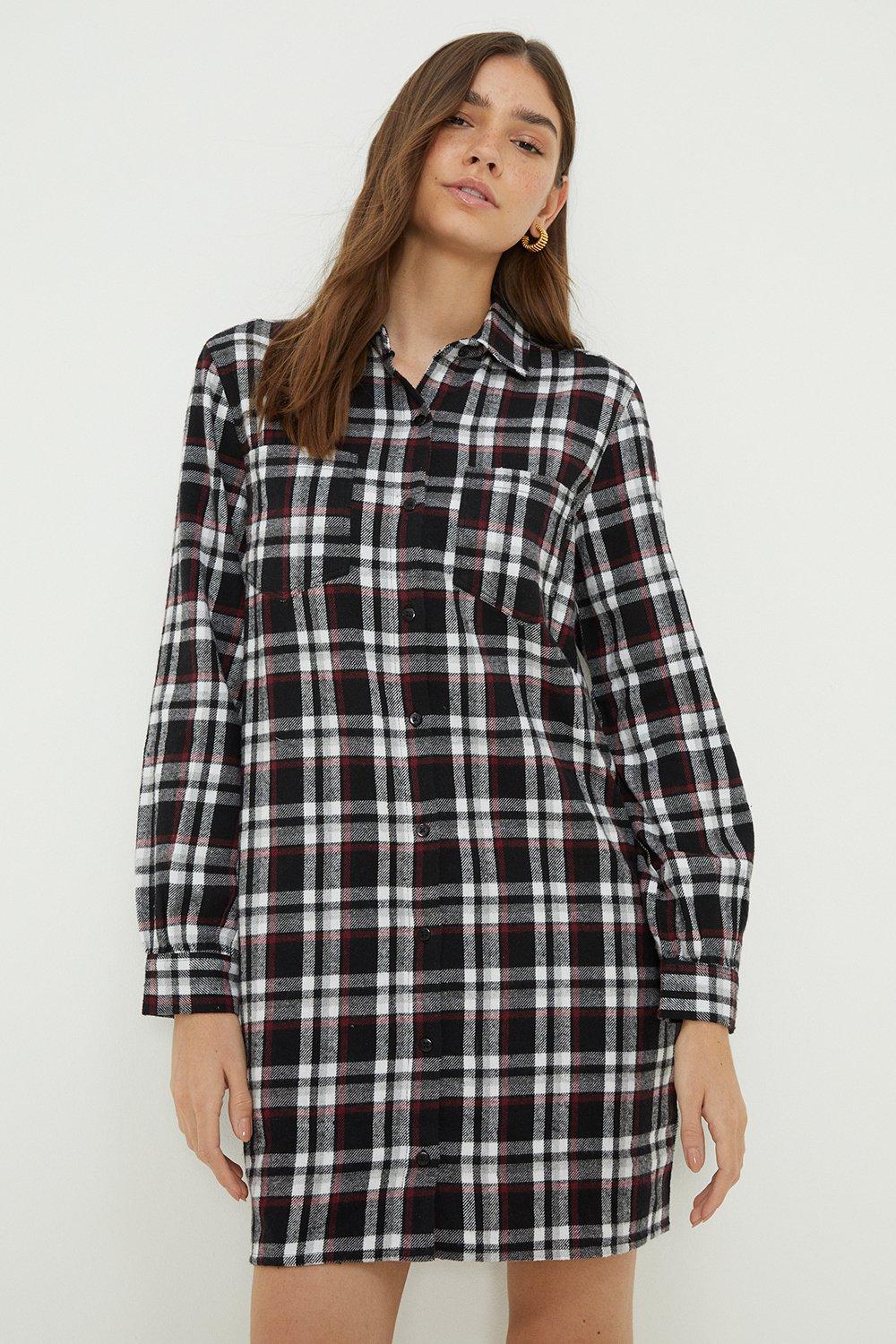 Womens Check Over-sized Shirt Dress