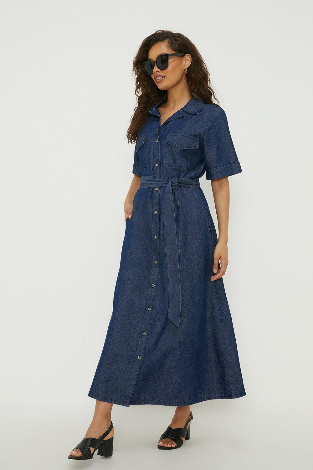 Women’s Petite Cargo Pocket Midi Shirt Dress - washed indigo - 8