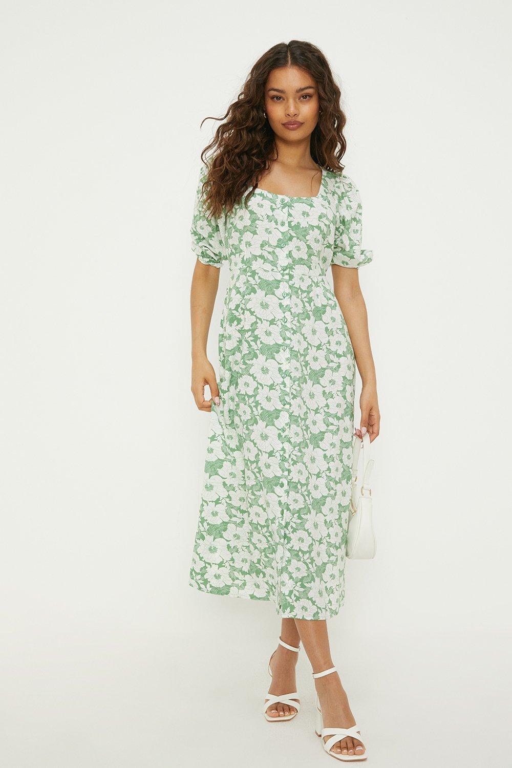 Women’s Petite Green Floral Button Through Midi Dress - 14