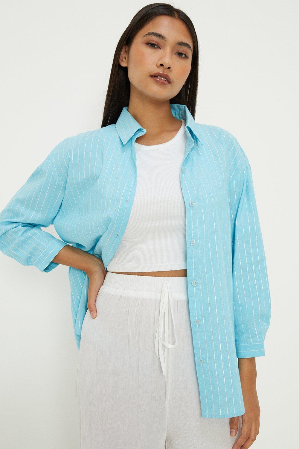 Women’s Petite Stripe Foil Longline Oversized Shirt - blue - 10