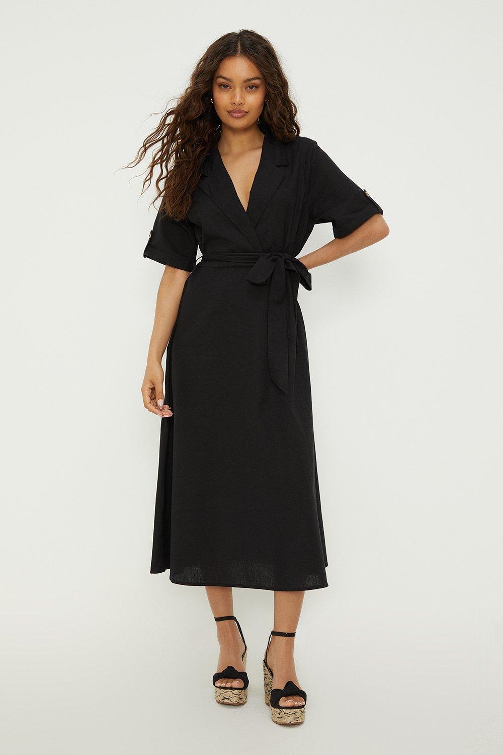 Women’s Petite Black Wrap Midi Shirt Dress - 14