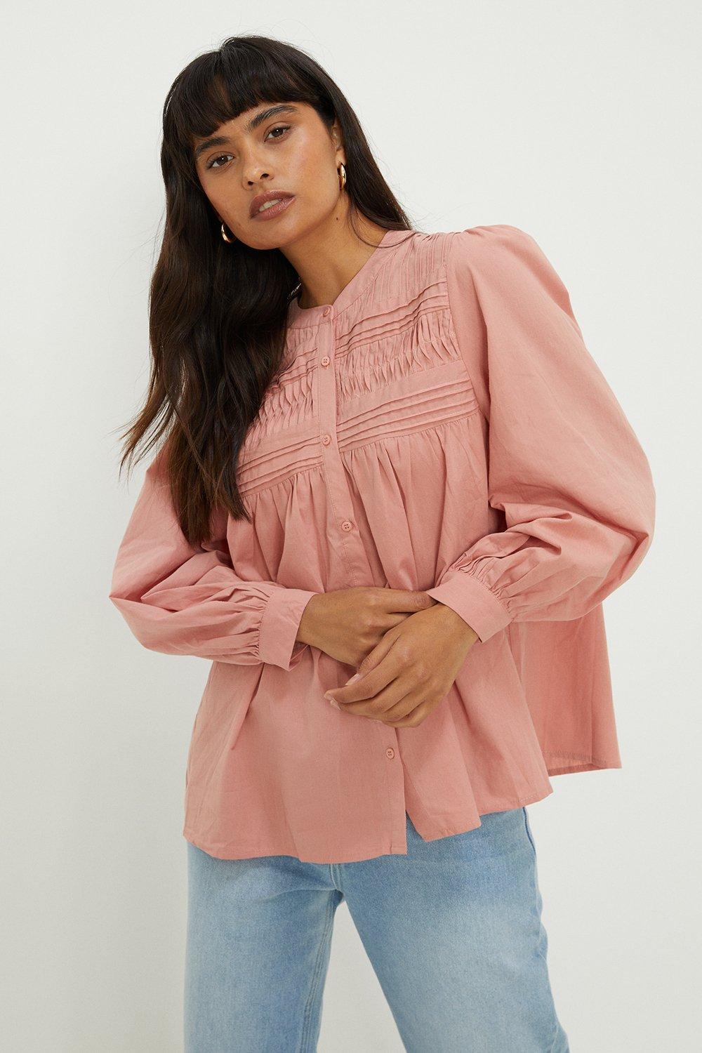 Women’s Pleat Front Button Up Blouse - pink - L
