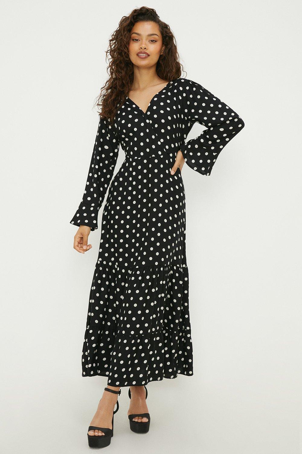 Women’s Petite Black Spot V-Neck Ruffle Hem Long Sleeve Midi Dress - 12