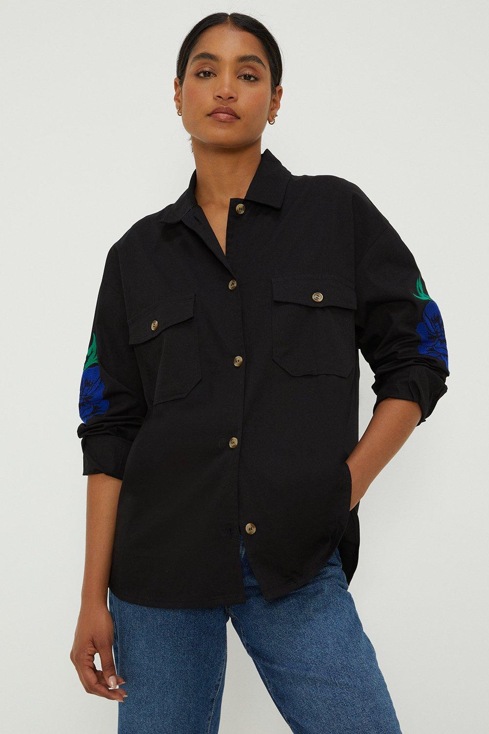 Women’s Embroidered Utility Pocket Long Sleeve Shirt - black - 10