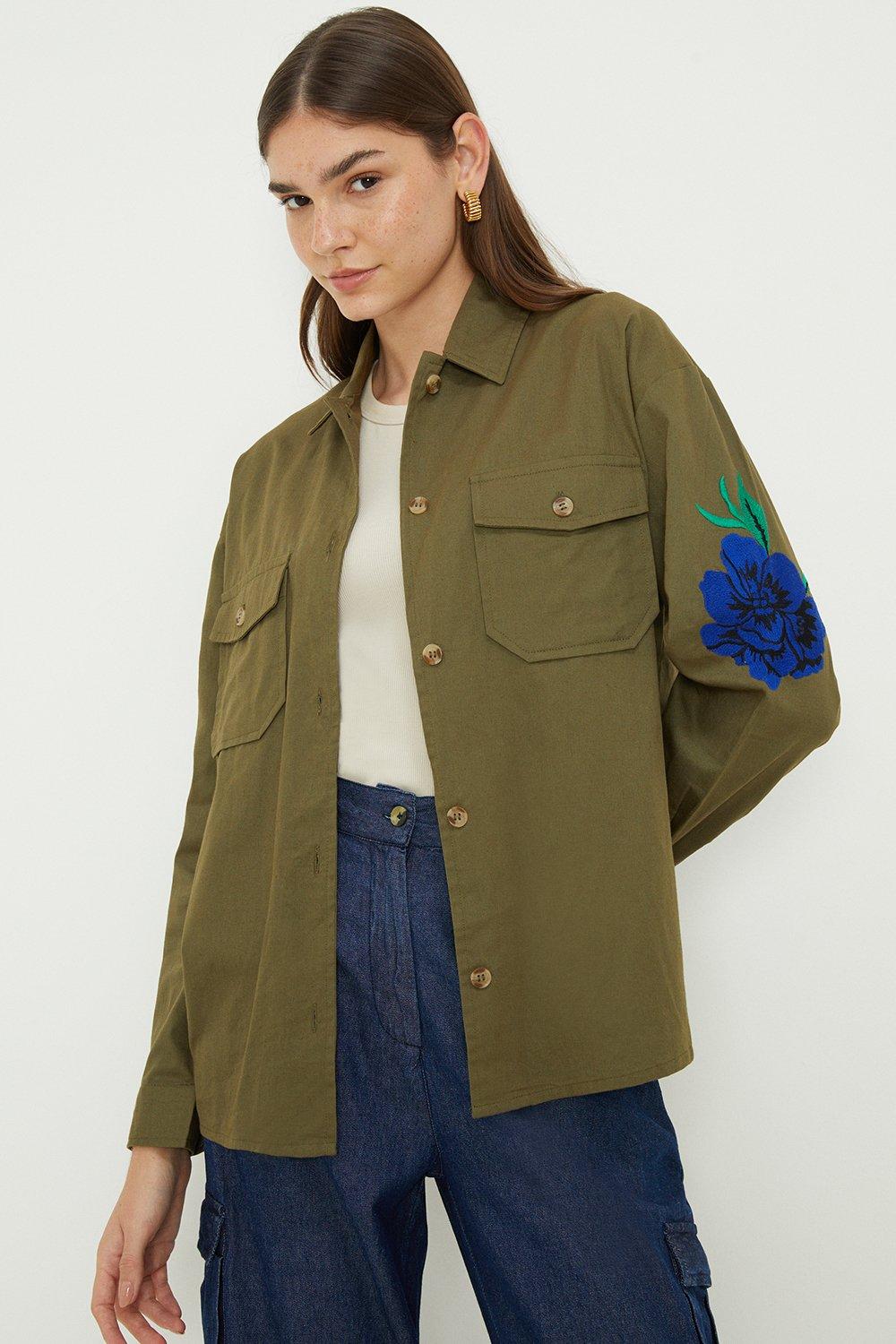 Women’s Embroidered Utility Pocket Long Sleeve Shirt - khaki - 16