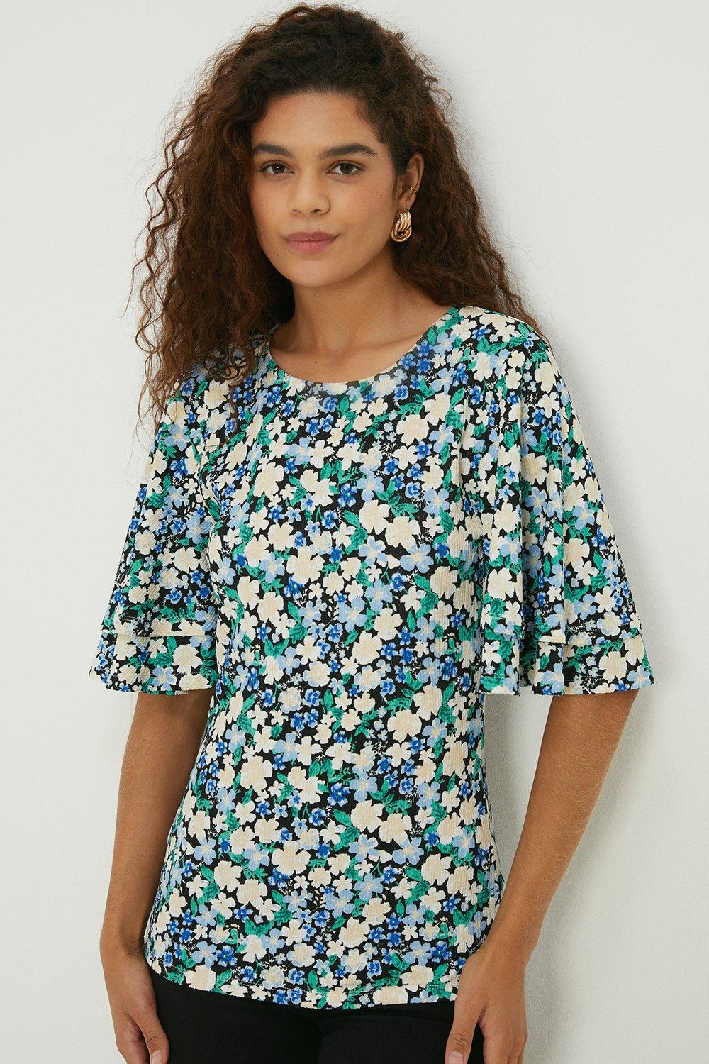 Womens Tall Floral Double Frill Sleeve Top
