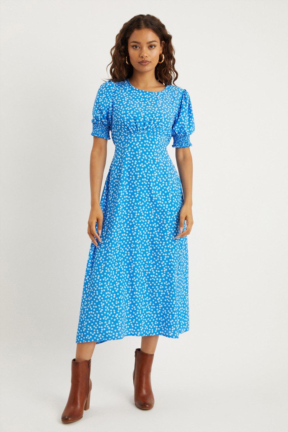 Womens Petite Blue Ditsy Shirred  Cuff Midi Dress