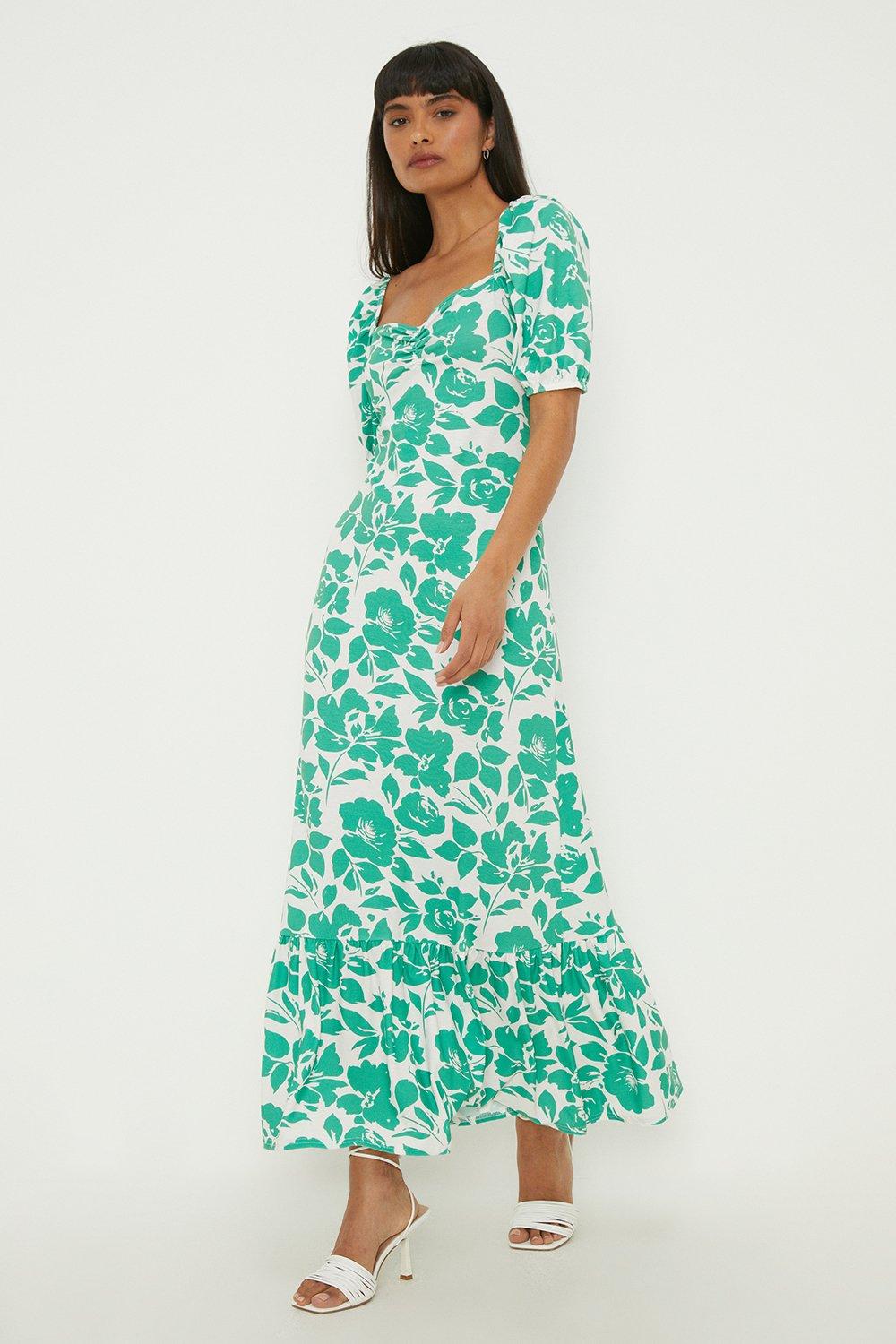 Women's Floral Print Sweetheart Midi Dress - green - 10