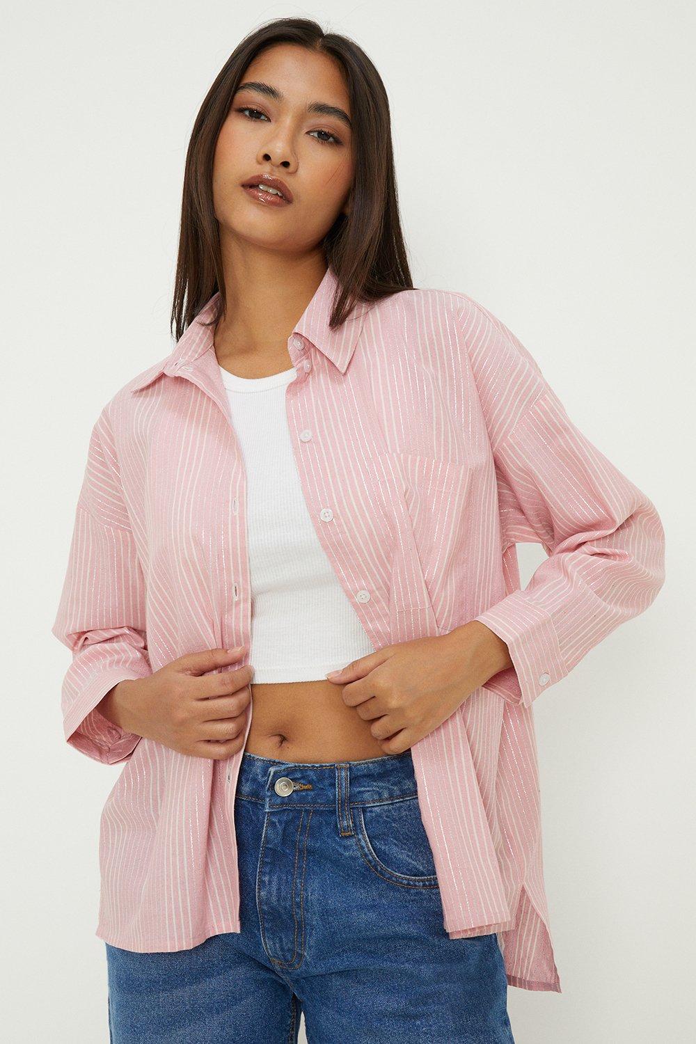 Women’s Petite Poplin Stripe Oversized Shirt - pink - 14