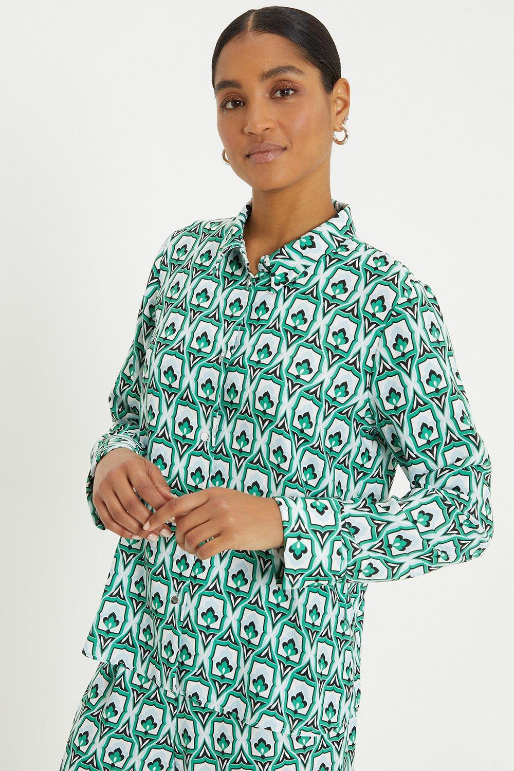 Womens Green Geo Wide Cuff Shirt