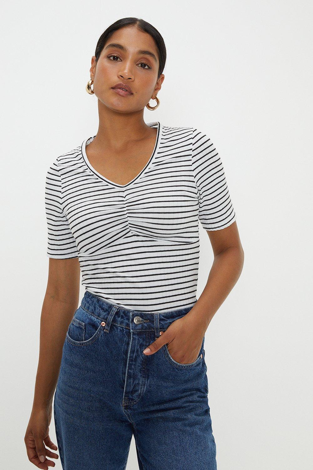 Womens V Neck Ruched Stripe Fitted Top