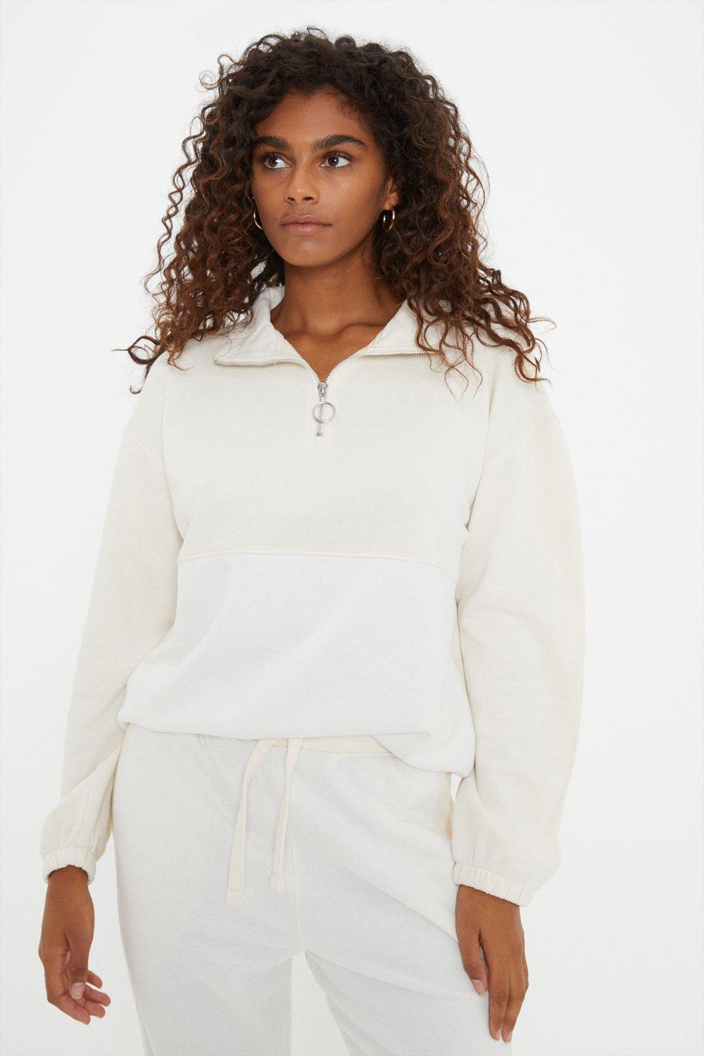Women's Half Zip Colour Block Sweatshirt - ivory - XL
