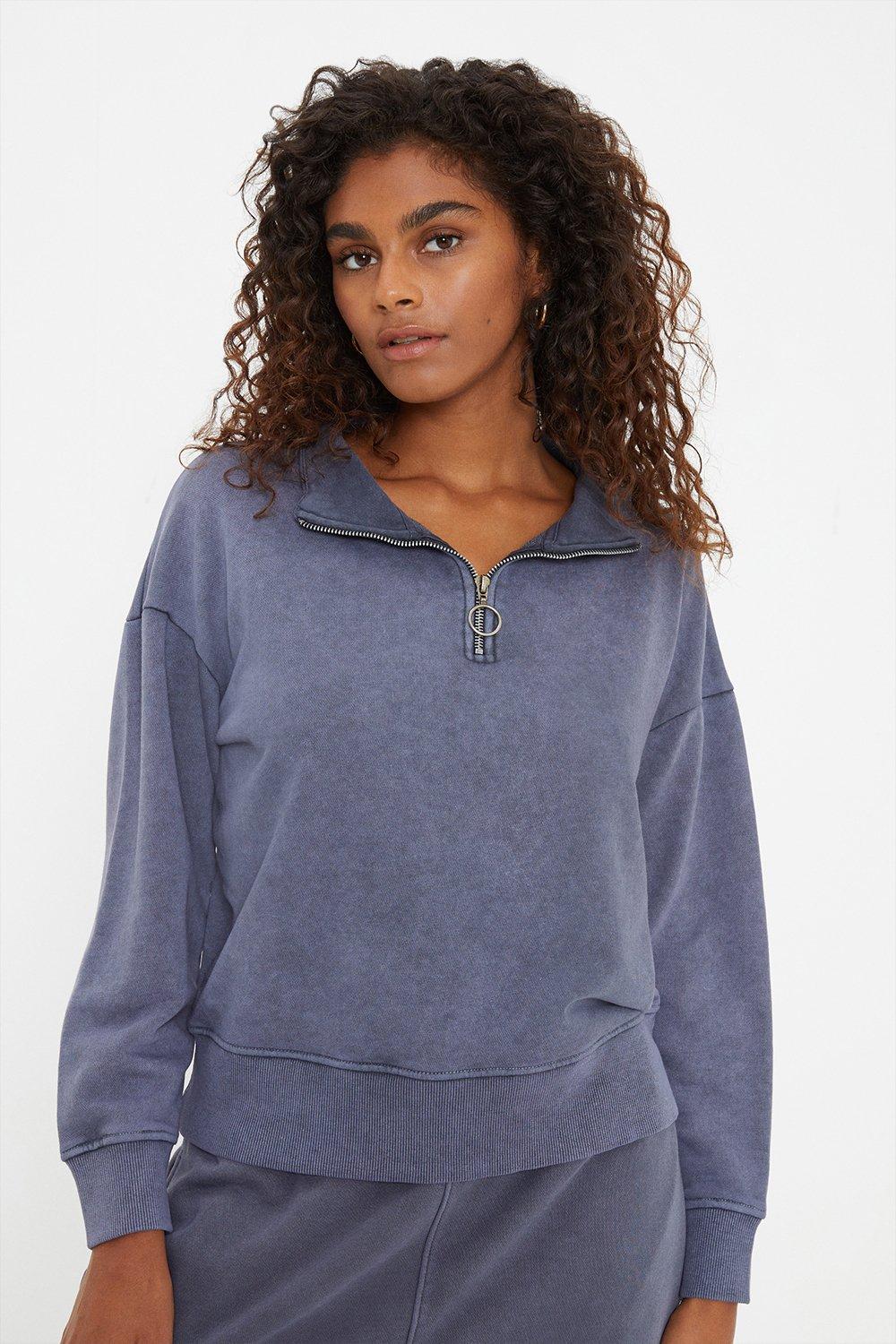 Women's Half Zip Acid Wash Sweatshirt - grey - M
