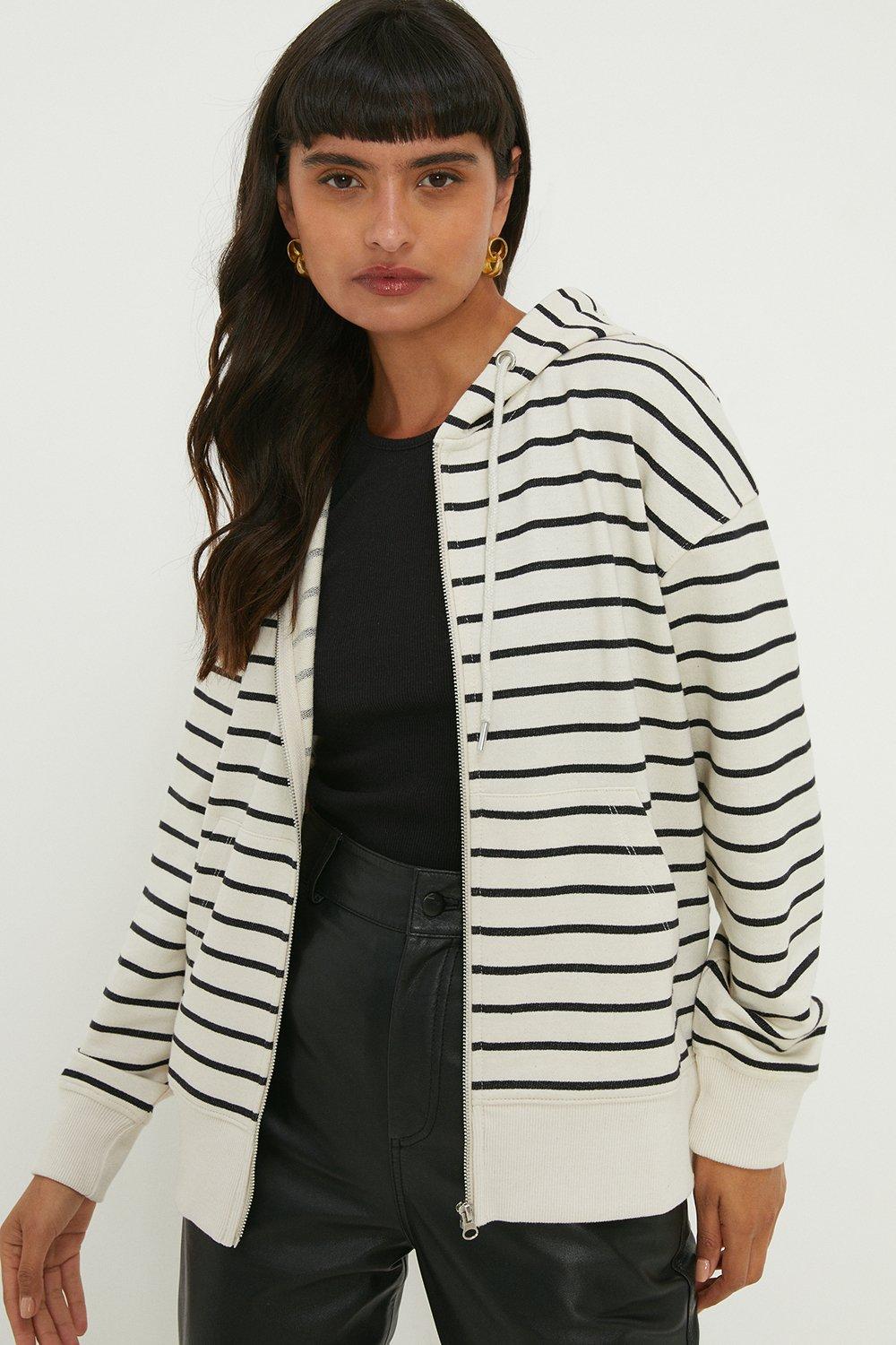 womens stripe zip through hoodie