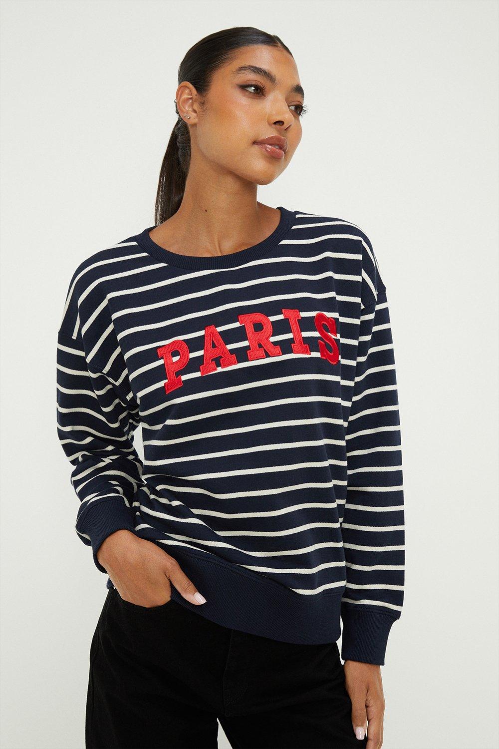 Women’s Stripe Crew Neck Slogan Sweatshirt - navy - XL