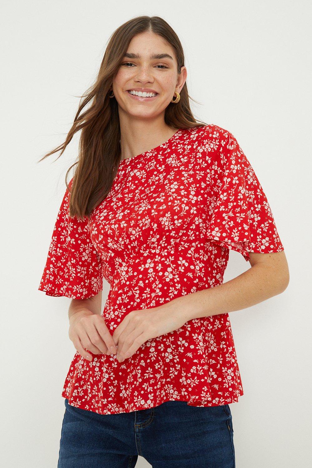 Womens Red Floral Tea Blouse