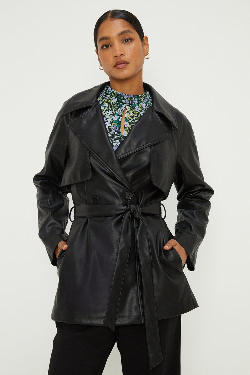 Faux leather store sleeve trench coat