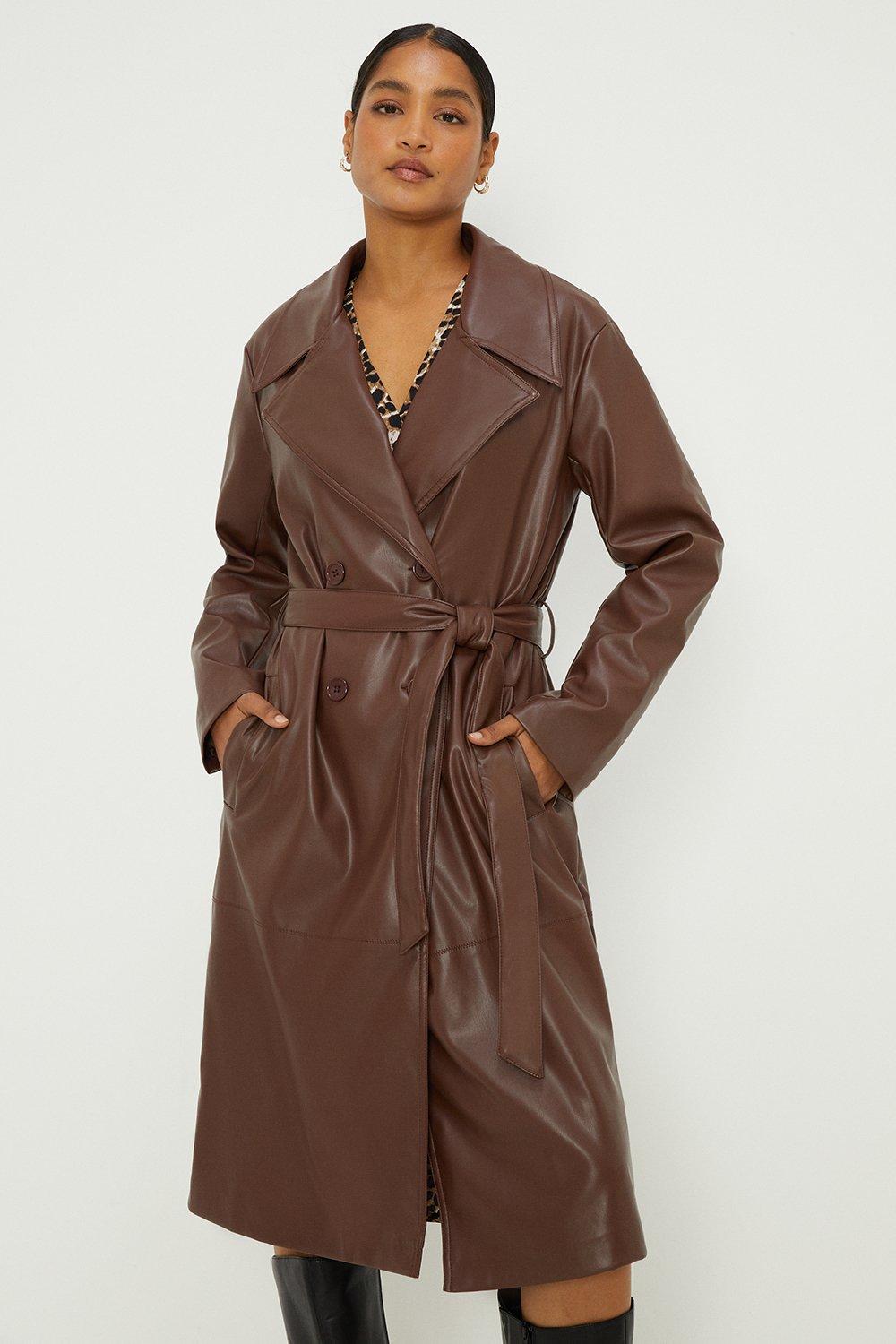Women’s Faux Leather Longline Trench Coat - chocolate - M