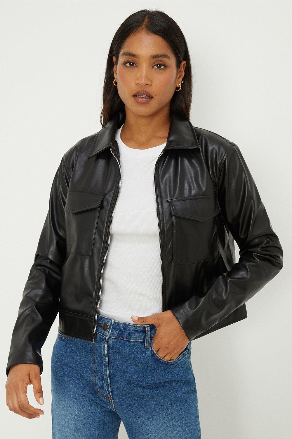 Women’s Faux Leather Boxy Jacket - black - M