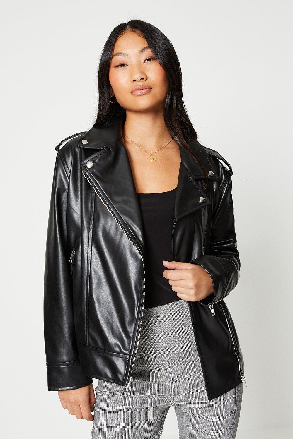 Women's Petite Faux Leather Oversized Biker - black - L