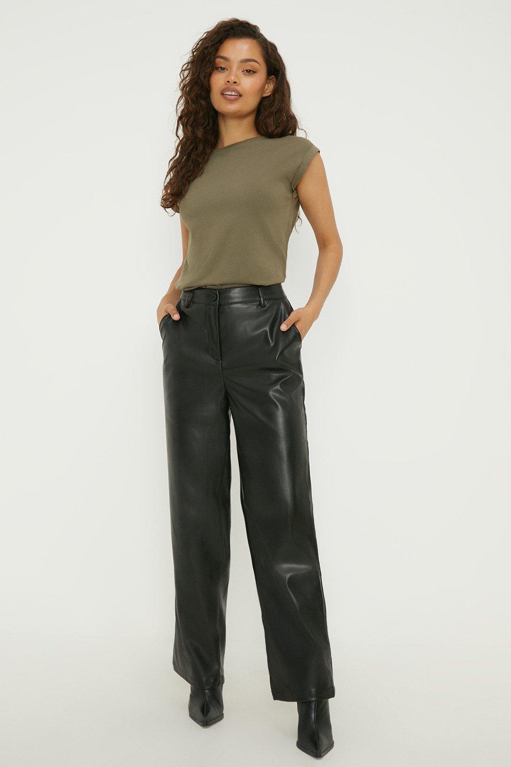 Petite Faux Leather Belted Straight Pants