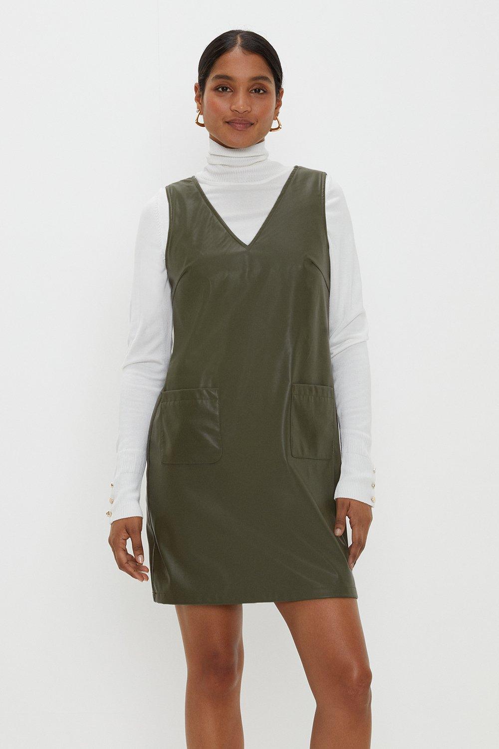 Women’s Faux Leather Mini Dress - dark olive - 10