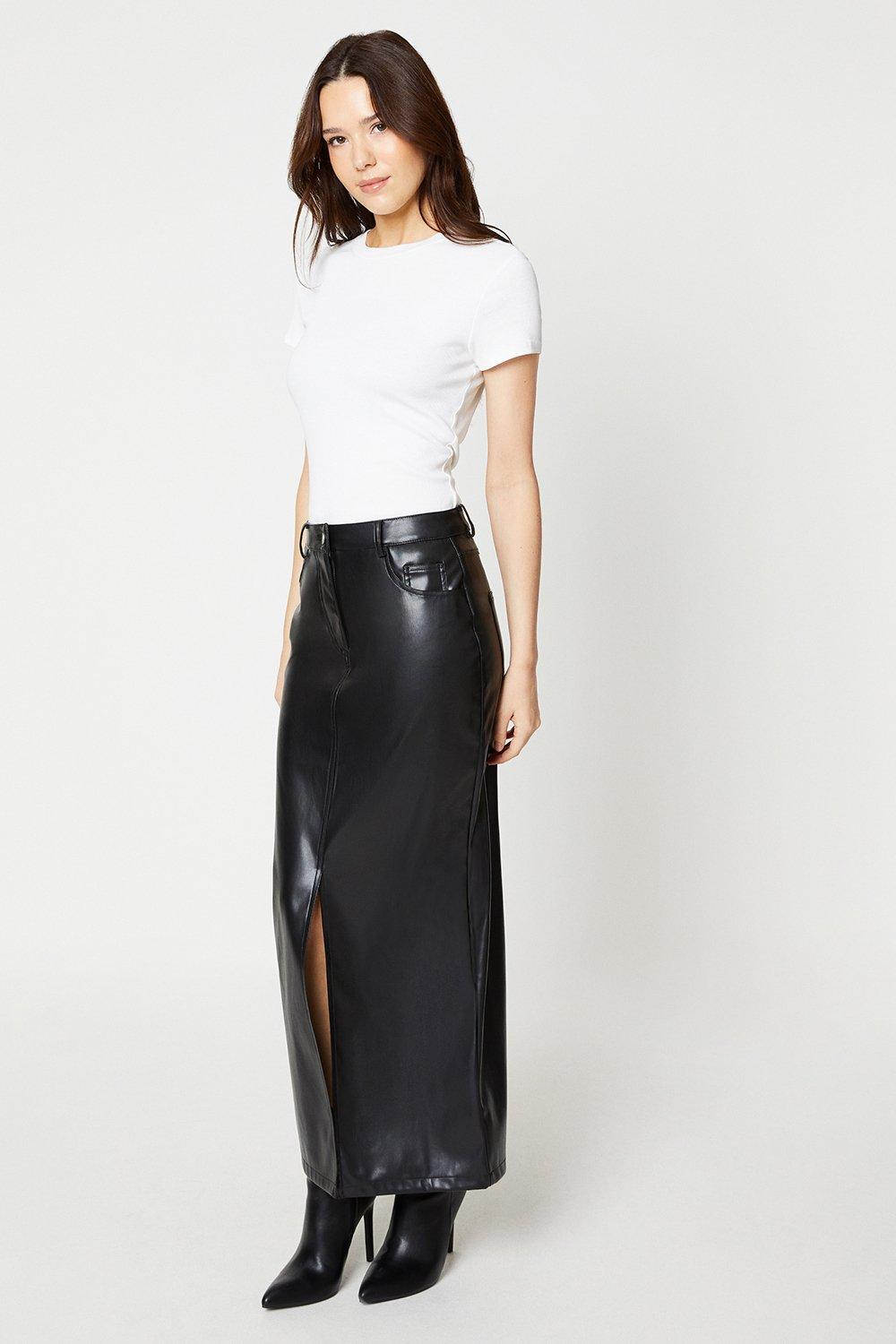 Women's Faux Leather Split Midi Skirt - black - 14