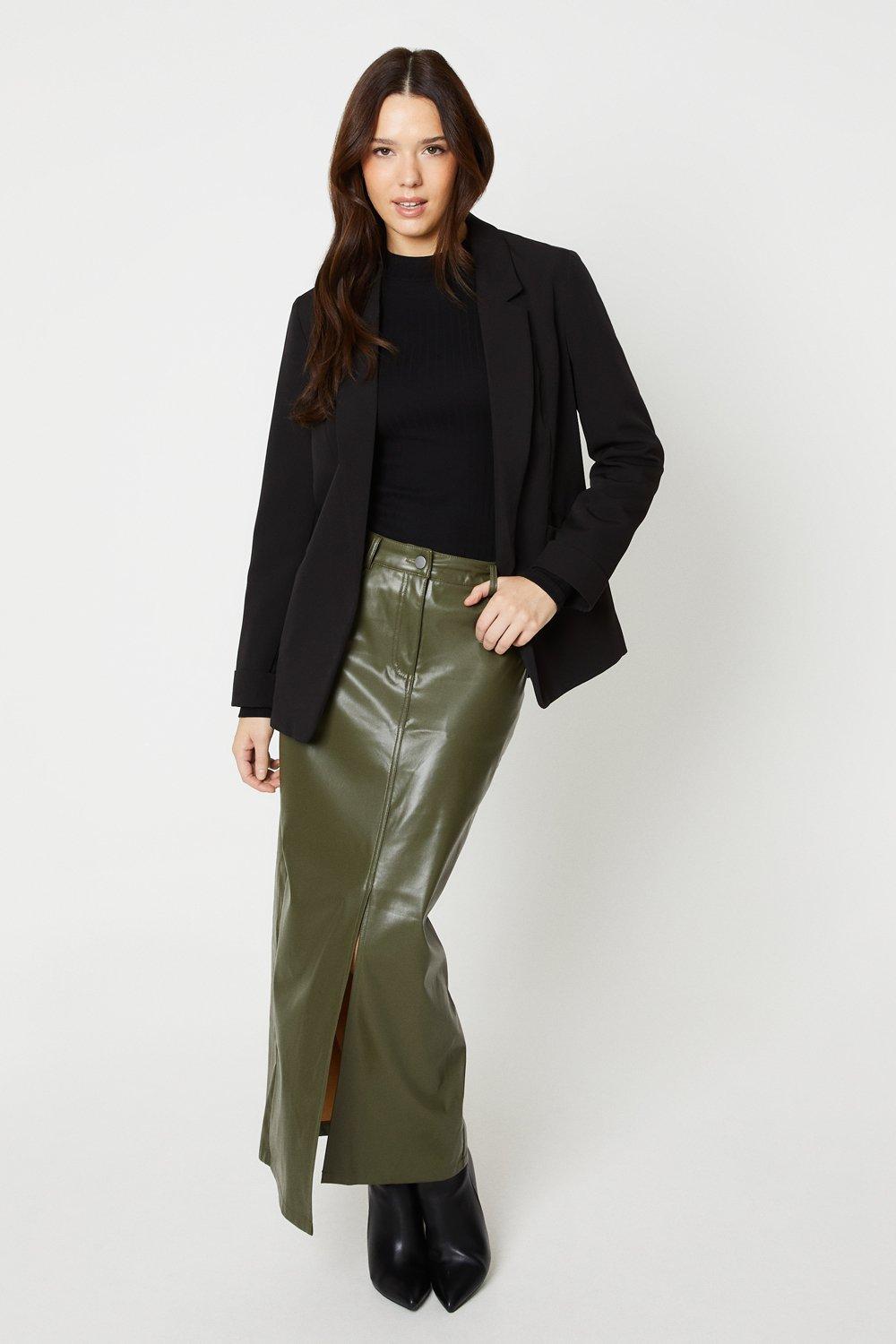 Women’s Faux Leather Split Midi Skirt - dark olive - 8