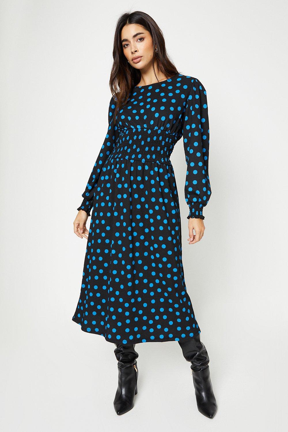 Womens Blue Spot Shirred Waist Midi Dress
