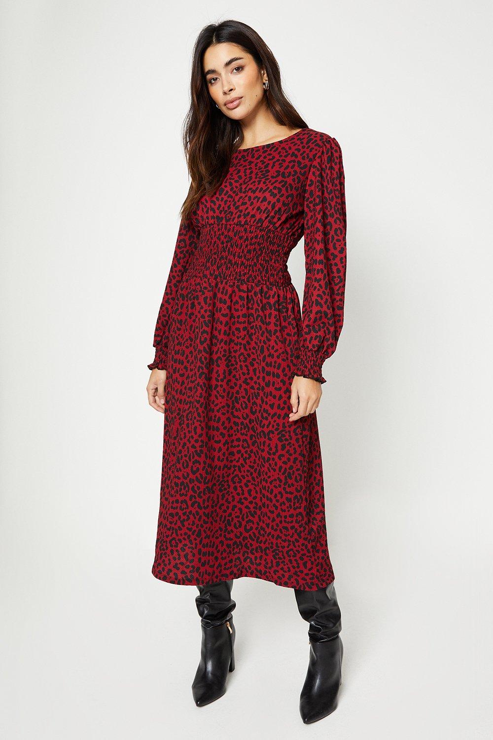 Women’s Berry Leopard Shirred Waist Midi Dress - 12