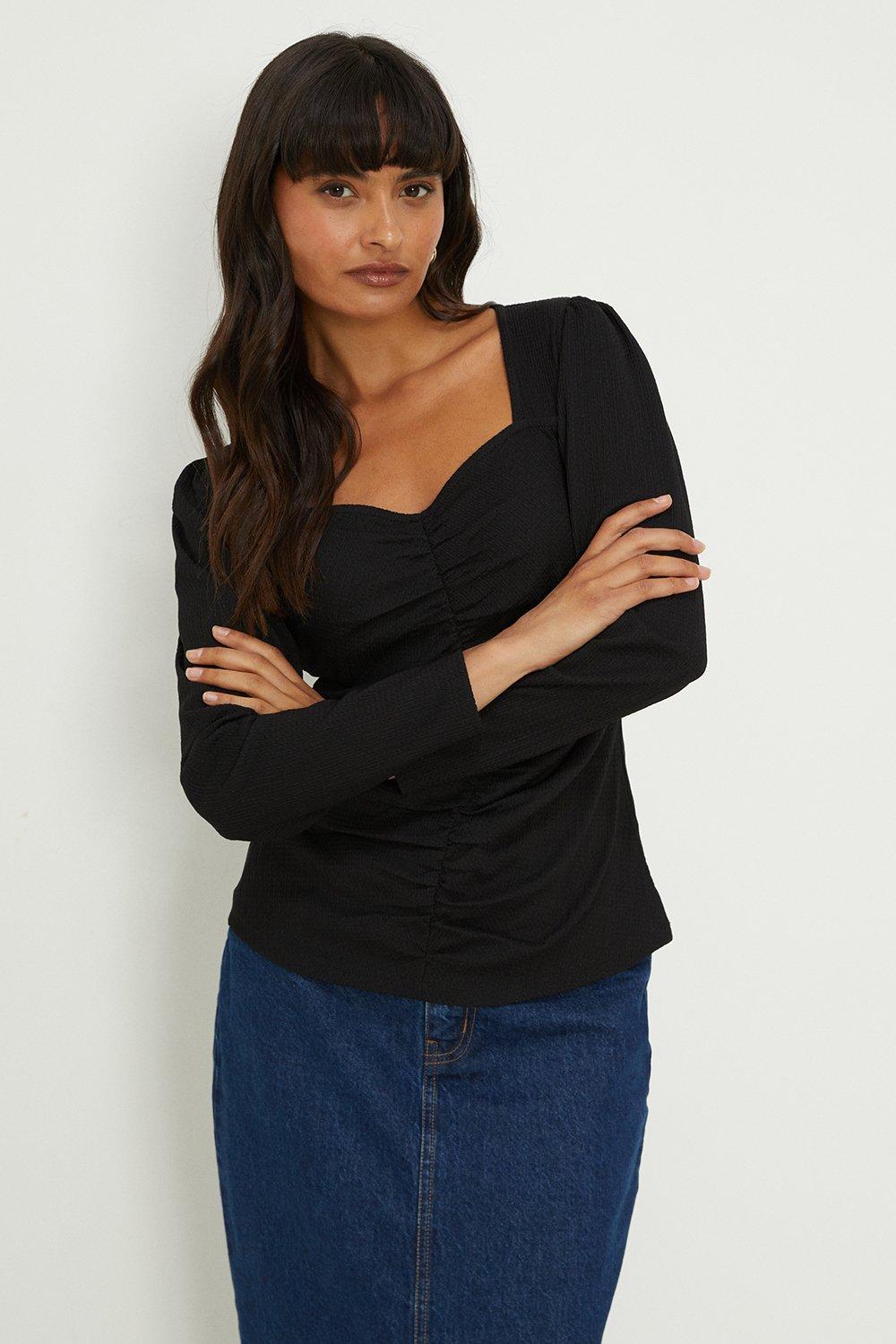Womens Black Sweetheart Ruched Body Long Sleeve Top