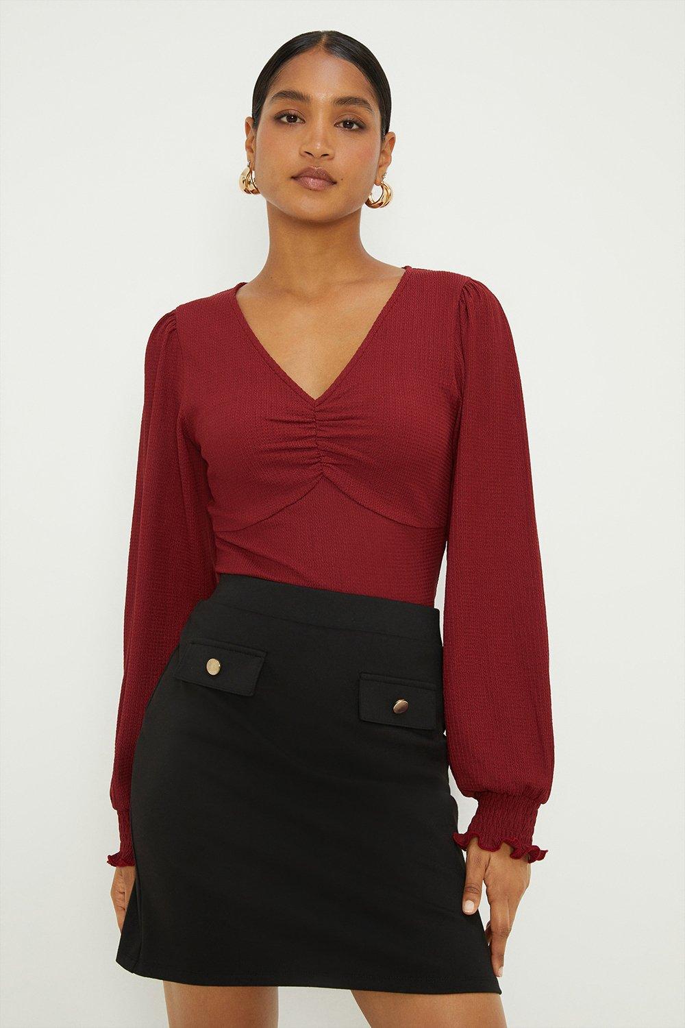 Womens Ruched Front Shirred Cuff Top