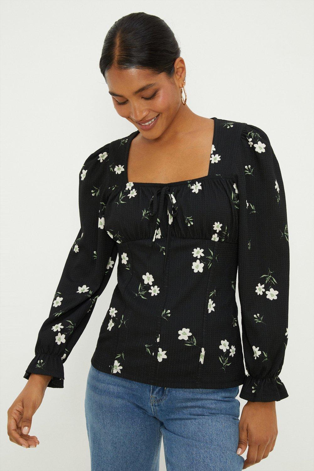 Womens Floral Shirred Cuff Textured Long Sleeve Top