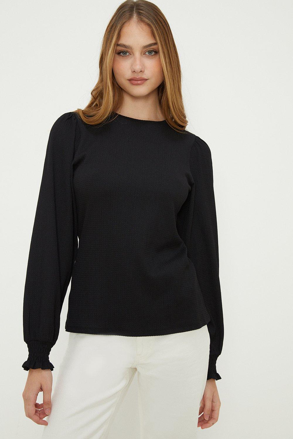 Women’s Shirred Cuff Long Sleeve Top - black - M