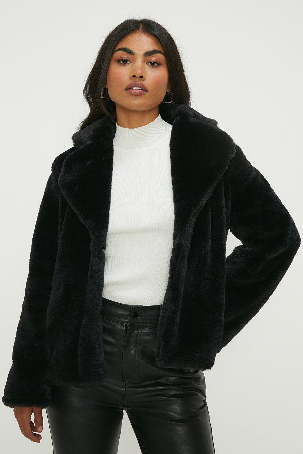 Women's Faux Fur Single Breasted Coat - black - M