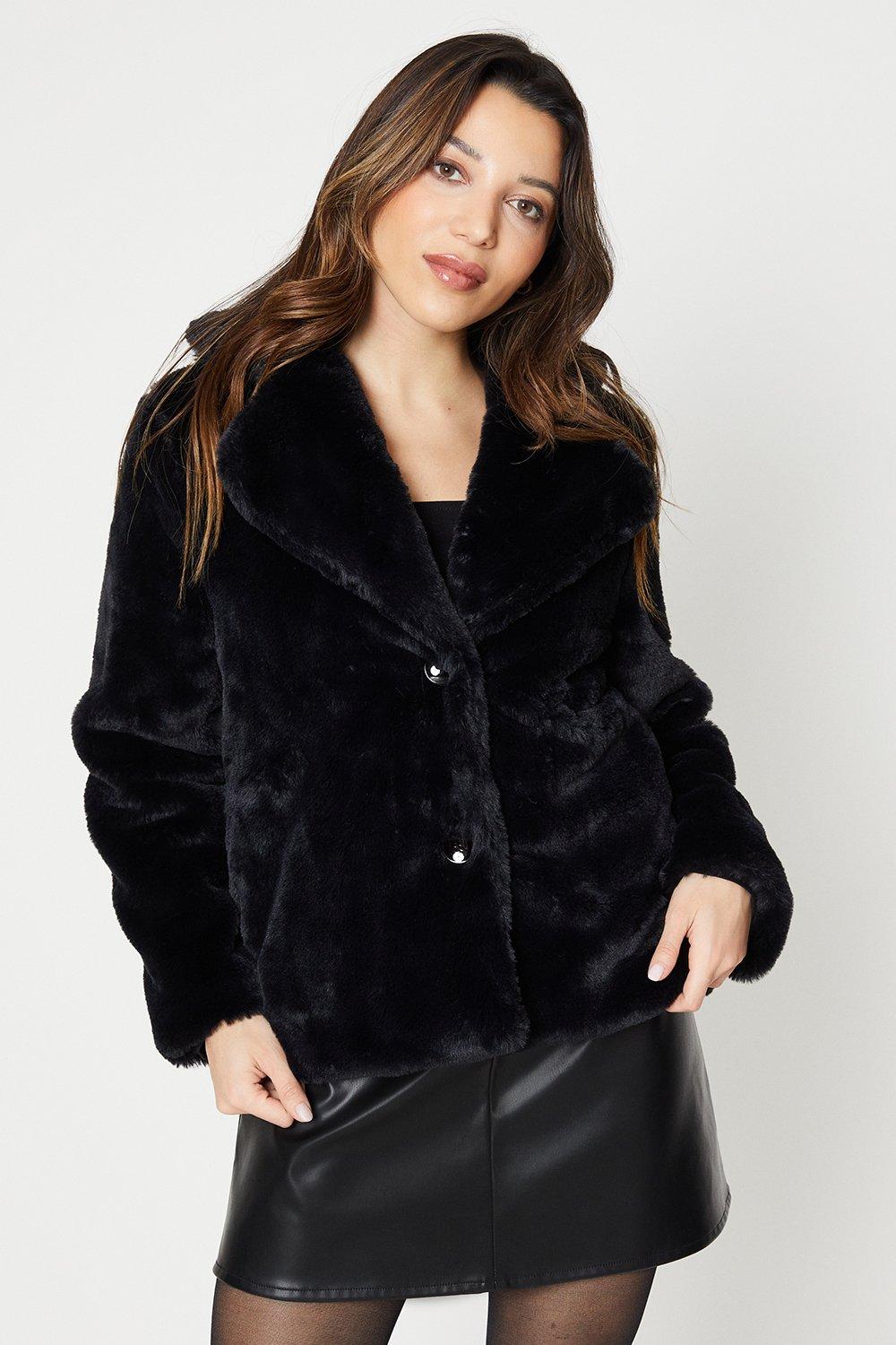 Women's Petite Faux Fur Single Breasted Coat - black - L
