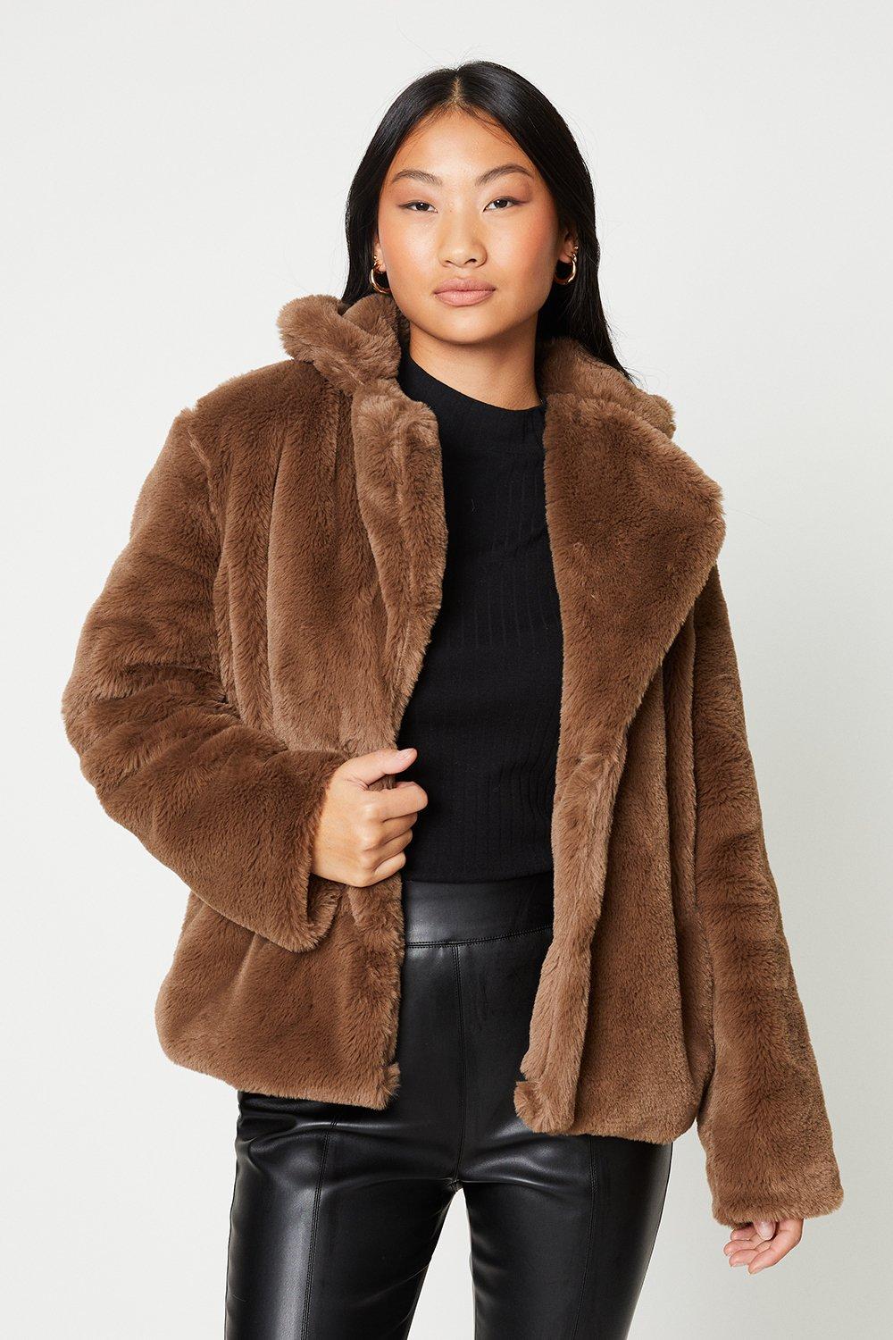 Womens Petite Faux Fur Single Breasted Coat
