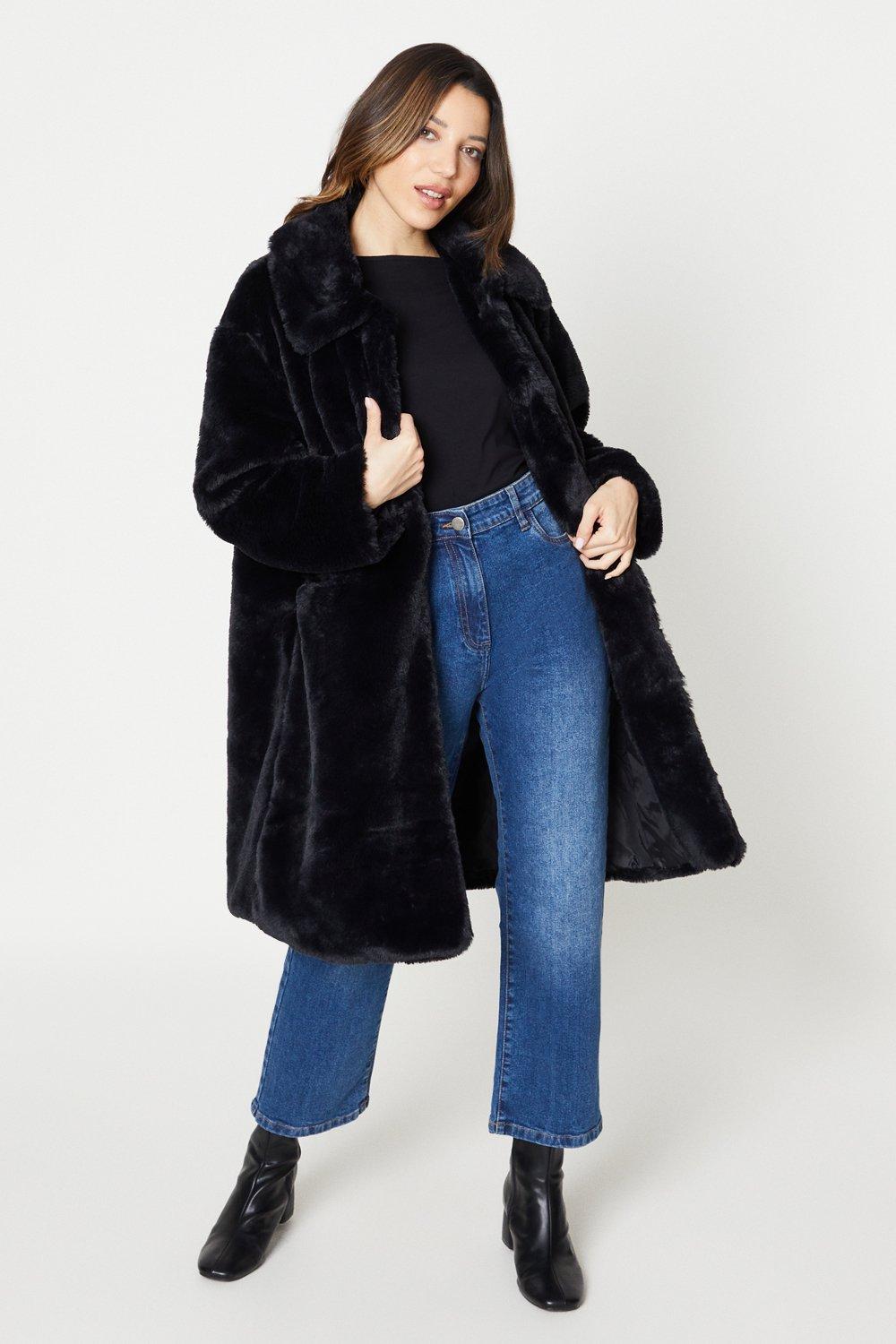 Women's Faux Fur Longline Collar Coat - black - L