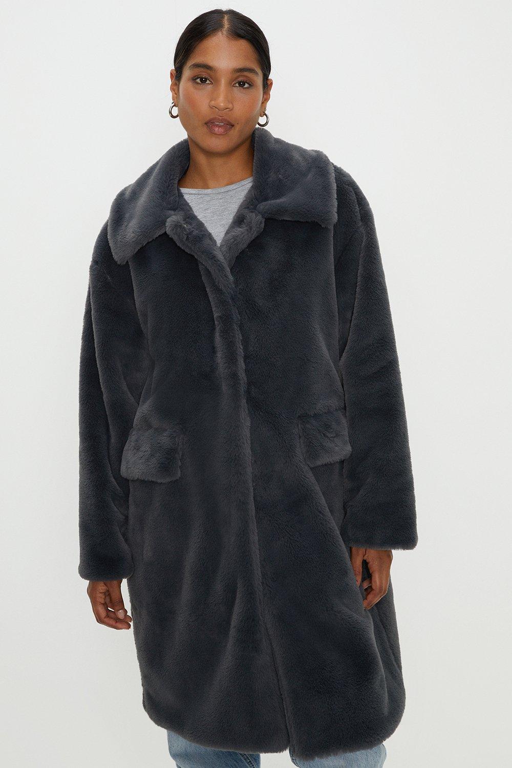 Women's Faux Fur Longline Collar Coat - charcoal - L