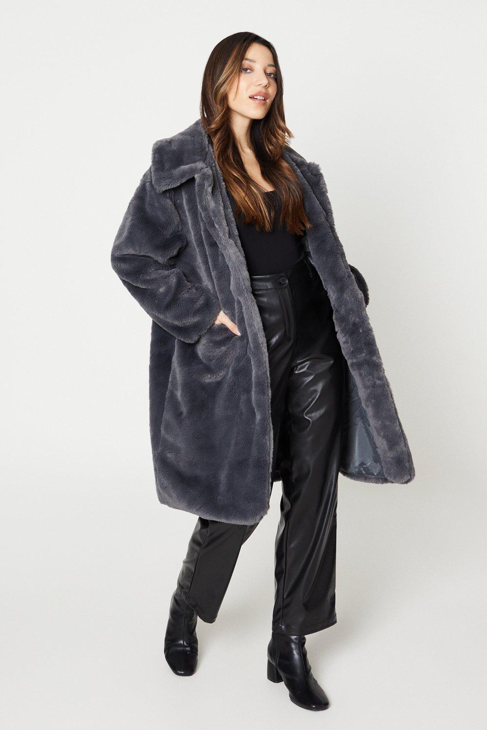Womens Petite Faux Fur Longline Collar Coat