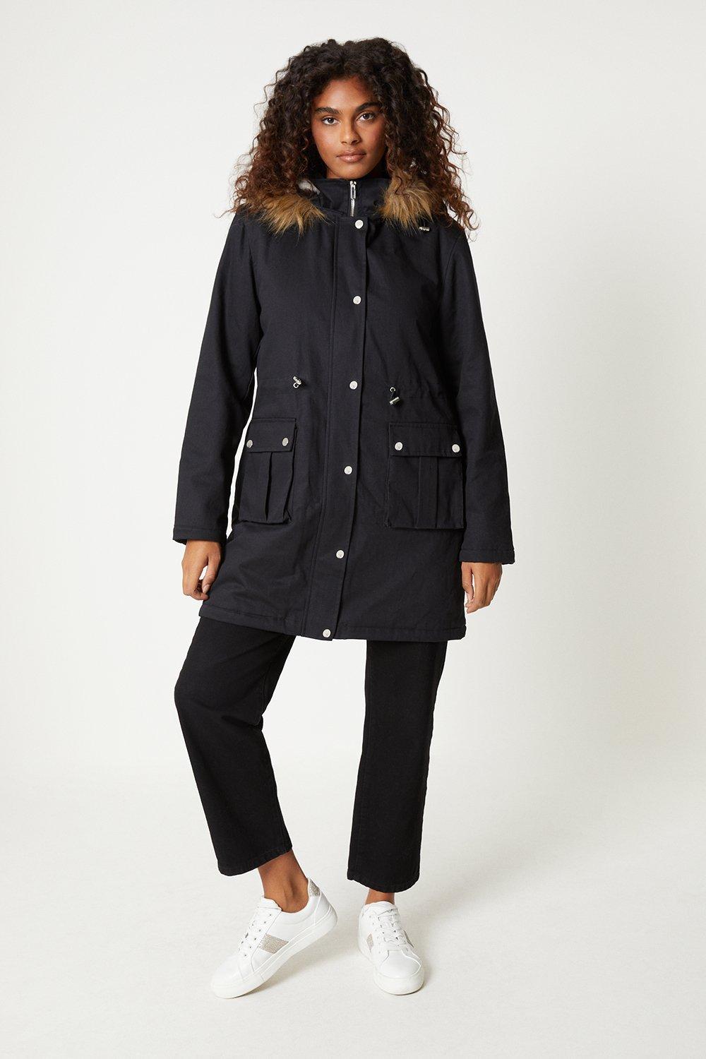 Women’s Fur Hooded Parka Coat - black - XS