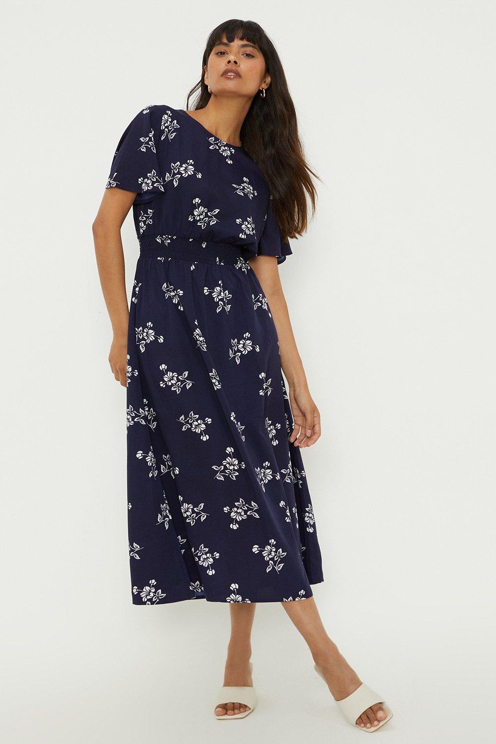 Dresses | Navy Floral Flutter Sleeve Midi Dress | Dorothy Perkins