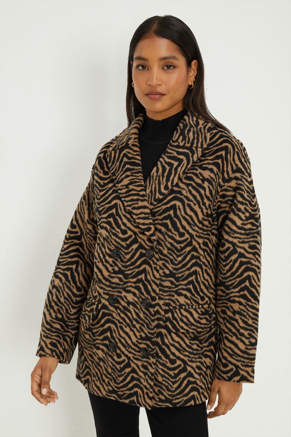 Women's Animal Print Double Breasted Coat - brown - S