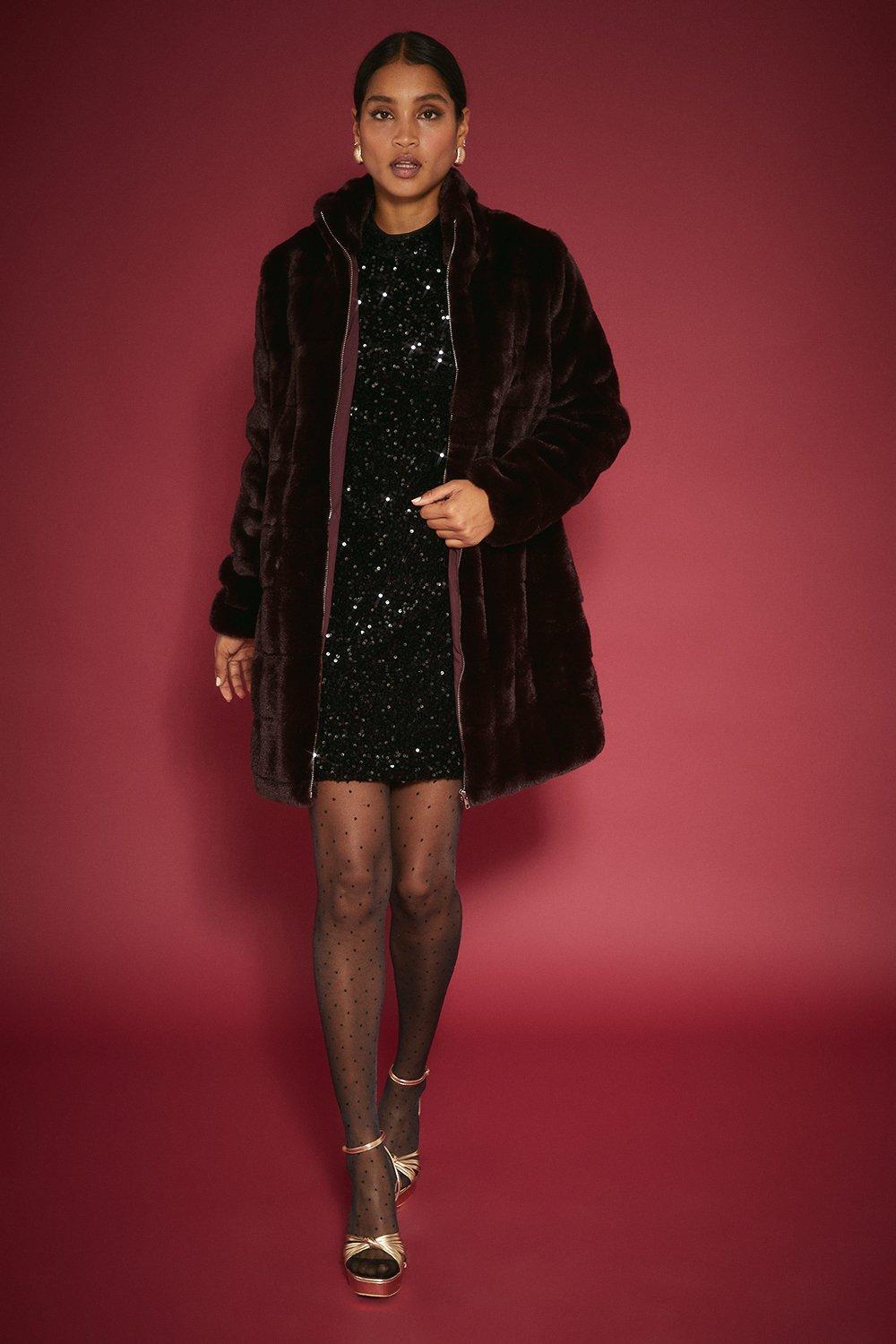 Women's Longline Zip Through Faux Fur Coat - berry - M