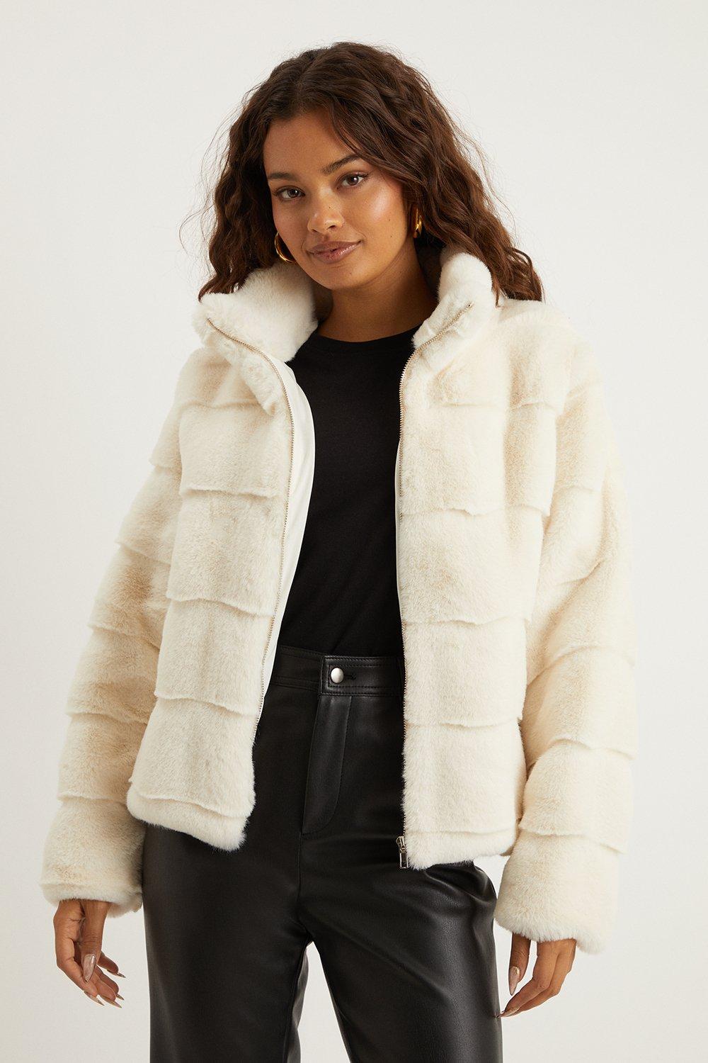 Womens Petite Zip Through Faux Fur Coat
