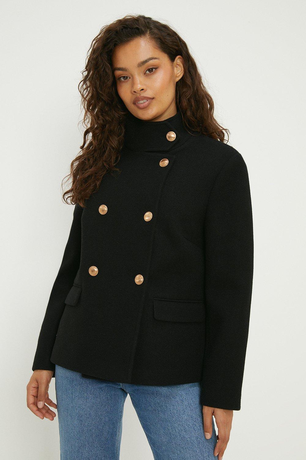 Petite black funnel sales neck coat