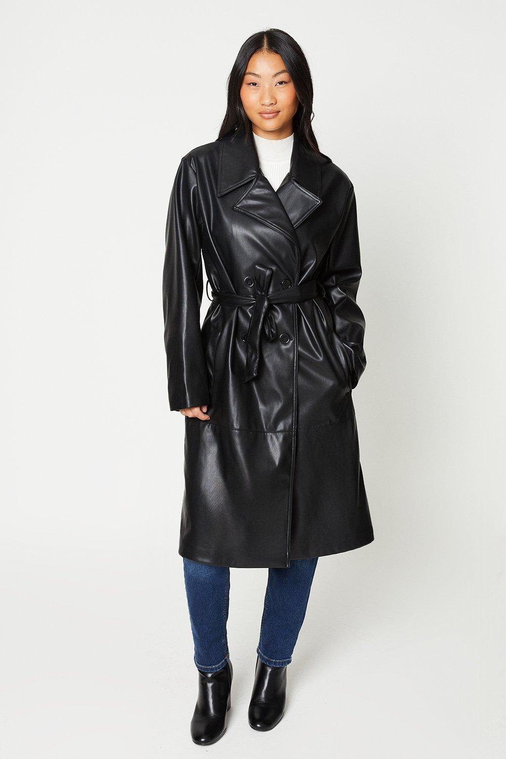 Women’s Petite Faux Leather Longline Trench Coat - black - S