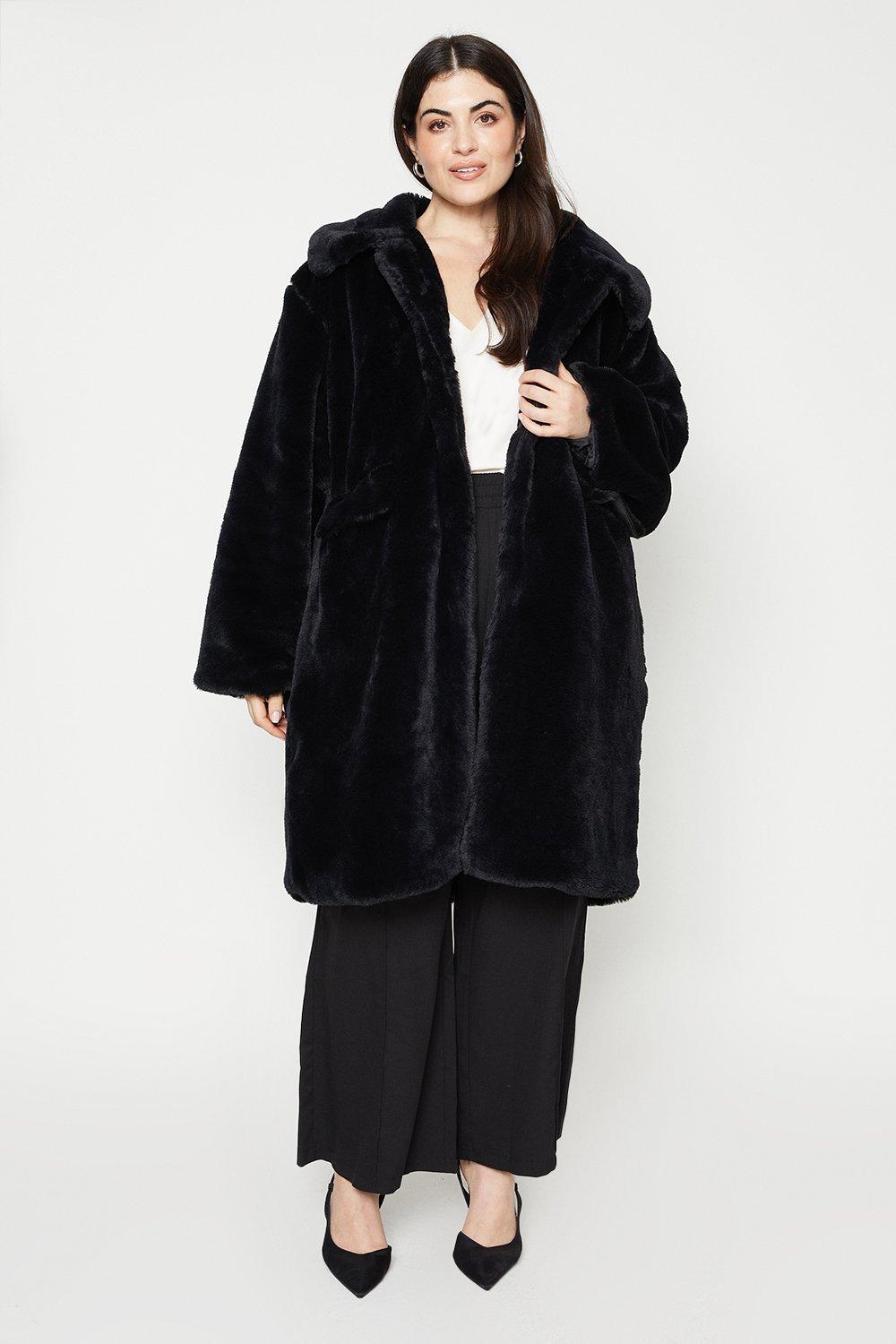 Women's Curve Faux Fur Longline Collar Coat - black - 22