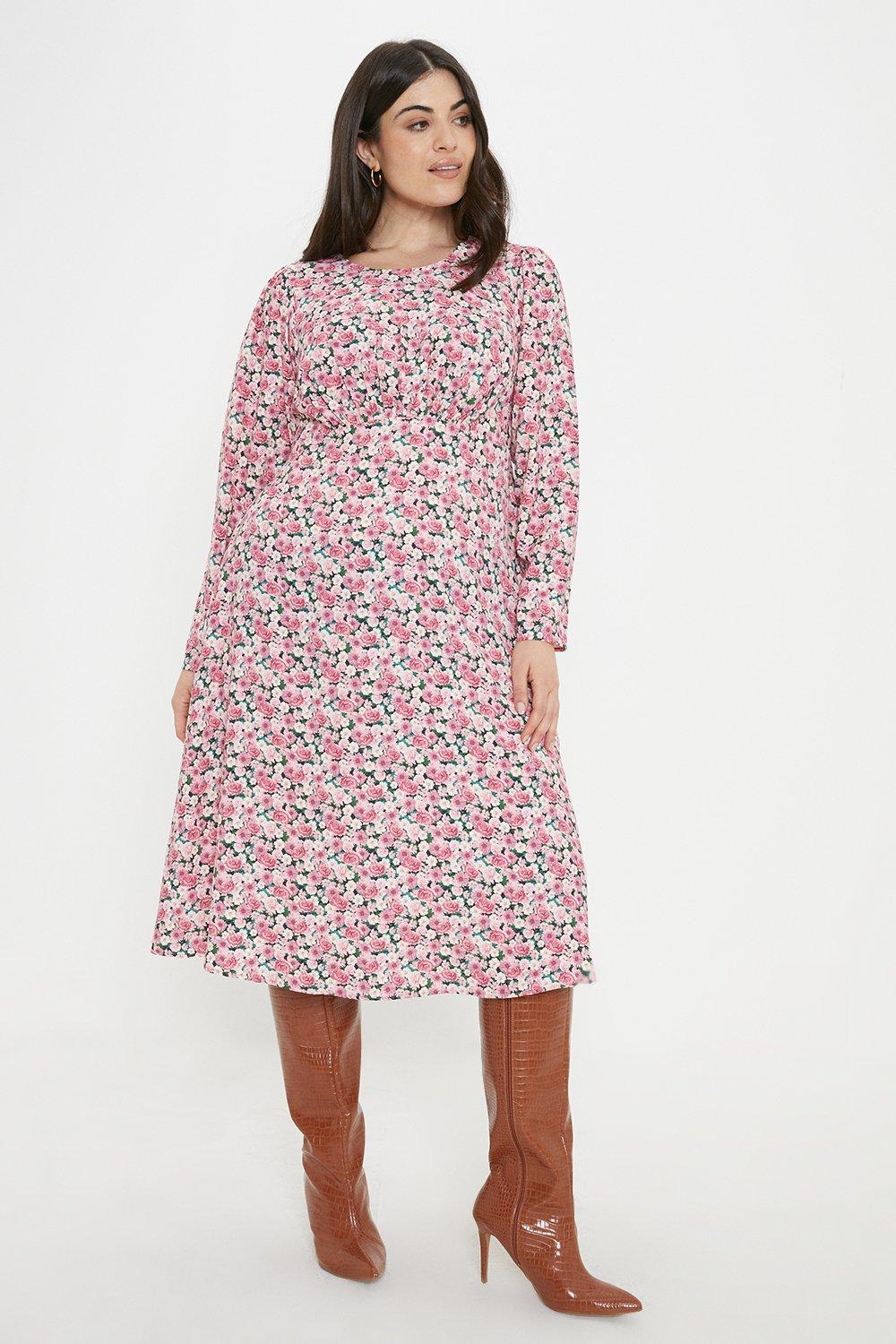 Women’s Curve Pink Ditsy Empire Long Sleeve Midi Dress - floral - 18